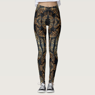 Leggings Pattren sin soldadura de mariposa negra y dorada