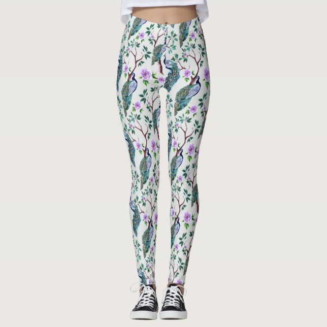 Leggings Pavo real en árbol floreciente (Anverso)