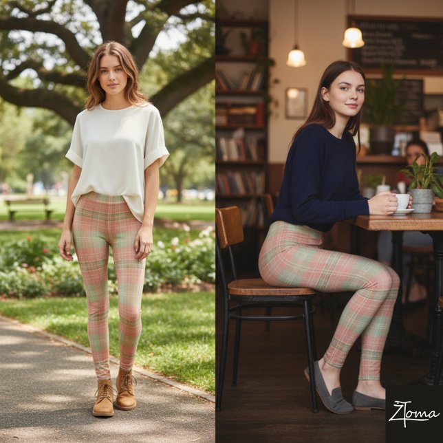 Leggings Peach Sage Muted Plaid Color Block (Subido por el creador)