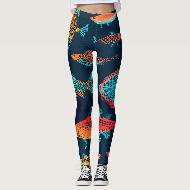 Leggings Peces acuarelas: Azul profundo sin foco (Anverso)