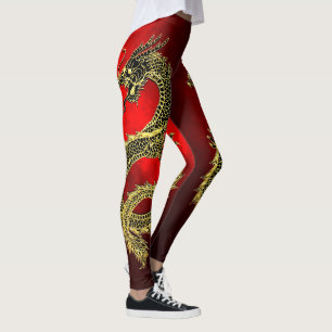 Leggings Pendiente negra del rojo de los dragones del oro