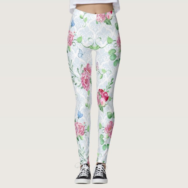 Leggings peonía acuática, acuarela de mariposa (Anverso)
