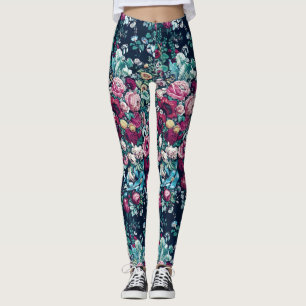 Leggings Peonia y flores de Rosa de color azul verde rosa m
