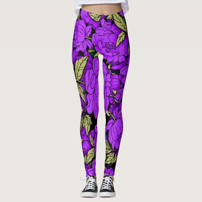Leggings Peonías moradas con hojas de oro (Anverso)