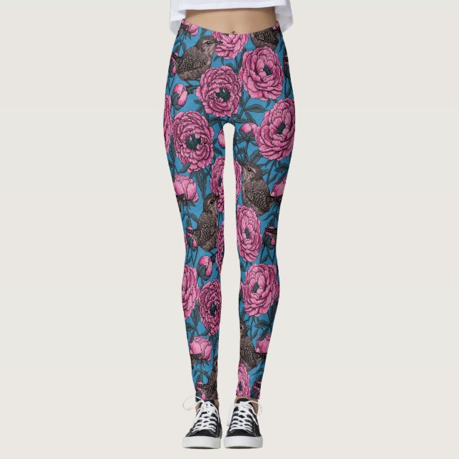 Leggings Peonies y wrens en azul (Anverso)