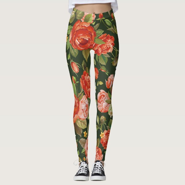 Leggings Peony Elegance: Papel de fondo gráfico floral. (Anverso)