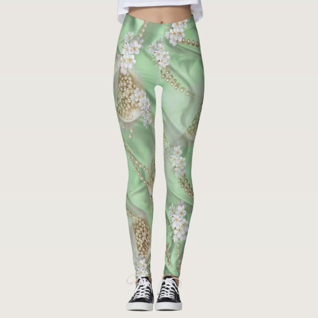 Leggings Perlas verdes de seda y marfil en campaña (Anverso)