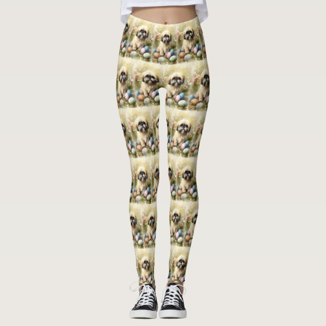 Leggings Perro Apso de Lhasa con festividad de huevos de Pa (Anverso)