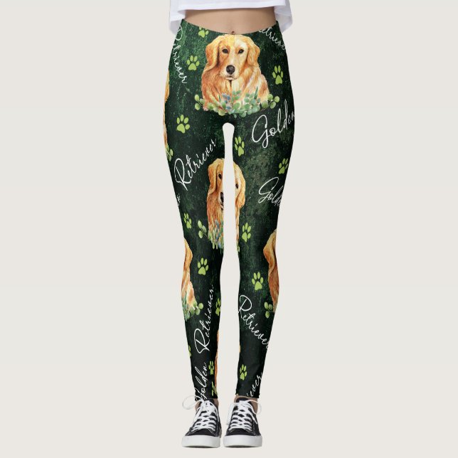 Leggings Perro del golden retriever, hojas del eucalipto, (Anverso)