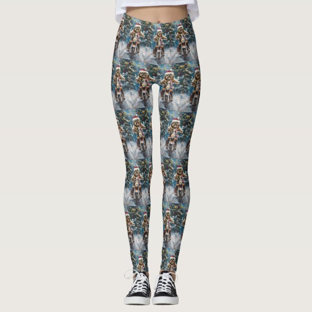 Leggings Perro Lhasa Apso Montando Motocicleta Navidad (Anverso)
