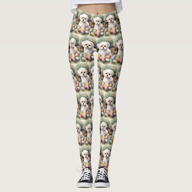 Leggings Perro maltés con festividad de huevos de Pascua (Anverso)