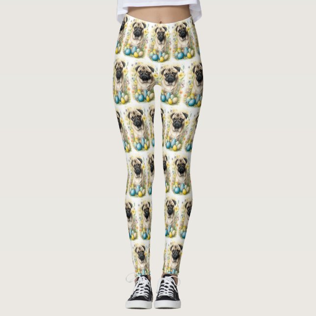 Leggings Perro Pug con festividad de huevos de Pascua (Anverso)