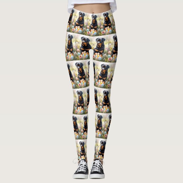 Leggings Perro Rottweiler con festividad de huevos de Pascu (Anverso)