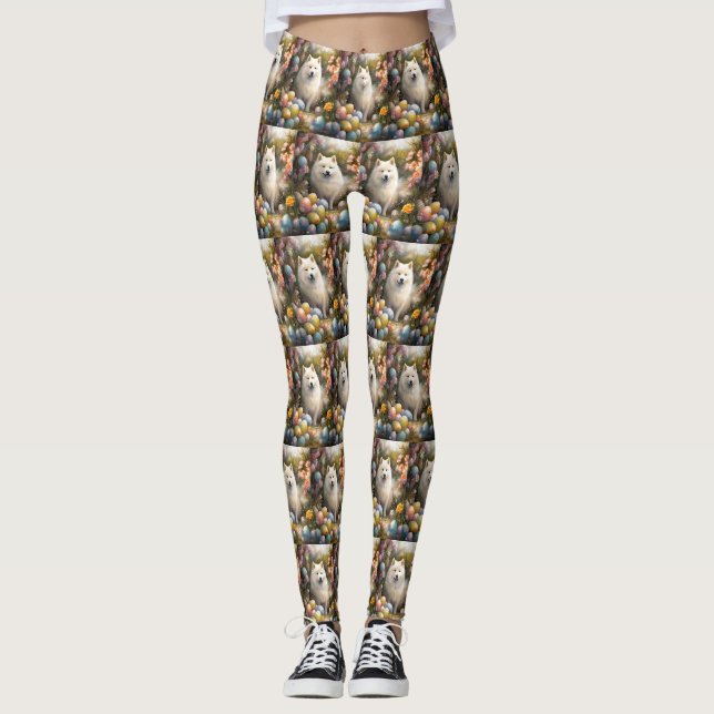 Leggings Perro Samoyedo con huevos de Pascua Fiesta (Anverso)