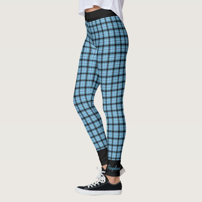Leggings Personaliza el nombre Blue Black Plaid, Black Trim (Izquierda)