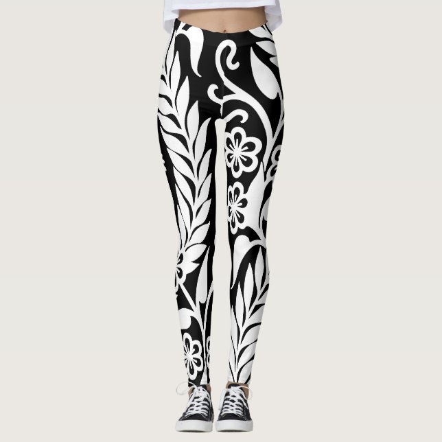 Leggings Personalizado blanco negro del estampado de flores (Anverso)