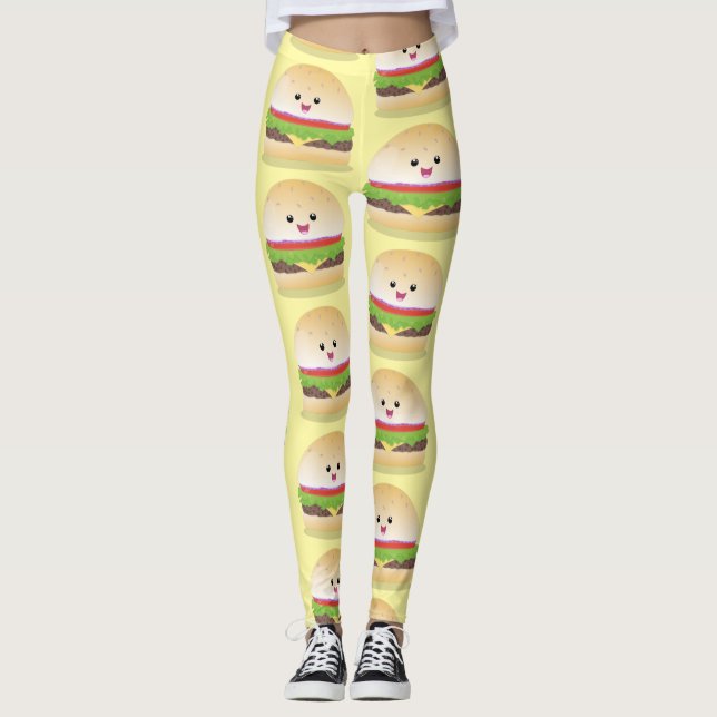 Leggings Personalizado de hamburguesa kawaii feliz (Anverso)