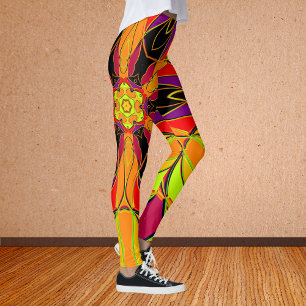 Leggings Personalizado Mandala Naranja de flores morado y r