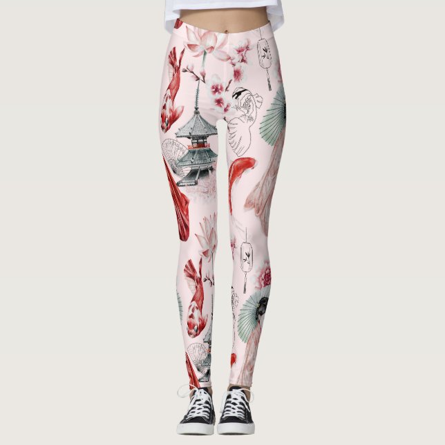 Leggings Pescado Koi Geisha Letreras japonesas de patrón (Anverso)