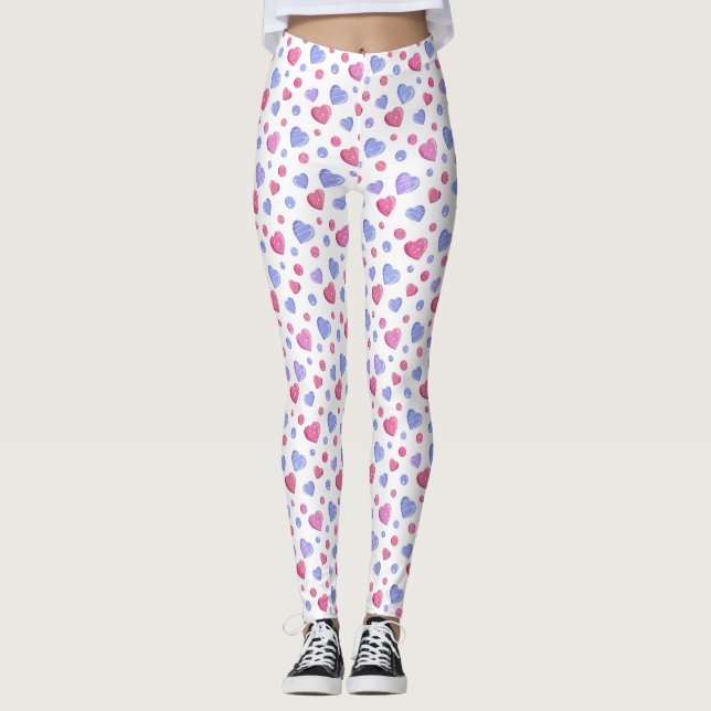 Leggings Pesos, corazones azules sobre fondo blanco. (Anverso)