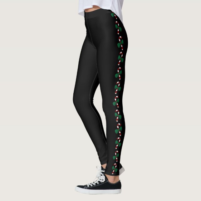 Leggings Pickleball Holiday Outfit Candy Canes on Black (Izquierda)