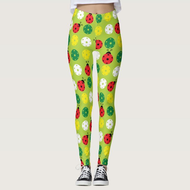 Leggings Pickleball ladybugs and picklaballs on green fresc (Anverso)