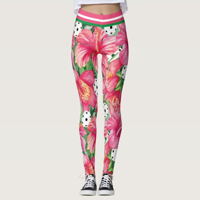 Leggings 🌺 🌴 Pickleball tropical con huella pequeña de hi (Anverso)