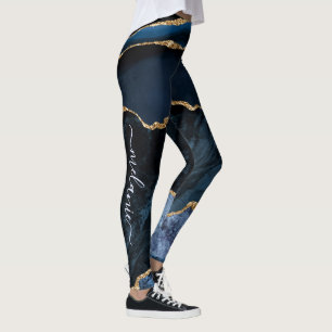 Leggings Piedra de oro azul de la marina Tu nombre de letra