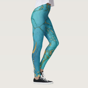 Leggings Piedra metálica de oro de mármol azul turquesa
