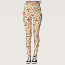 Leggings Pierna de patrón floral de hoja verde y terracota