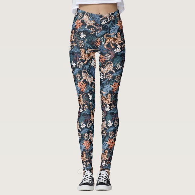Leggings  Piernas animales leopardo y jungla de tigres azul (Anverso)
