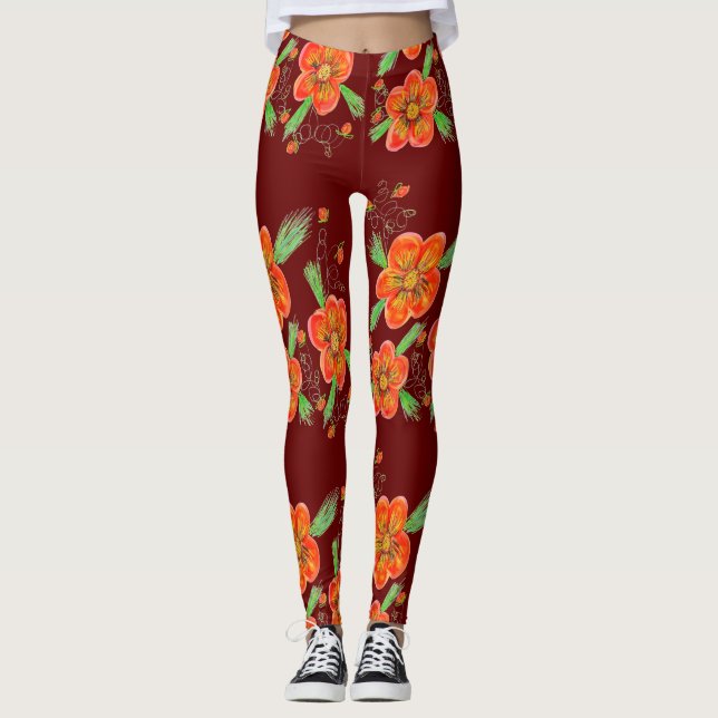 Leggings Piernas con flores de vino rojo (Anverso)
