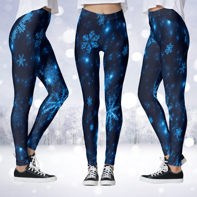 Leggings Piernas de copas de nieve azul y brillante (Deep Blue & Bright Snowflakes Leggings)