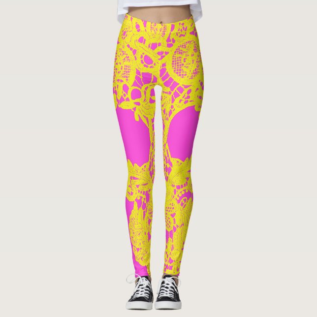 Leggings Piernas de crochet amarillo rosa (Anverso)