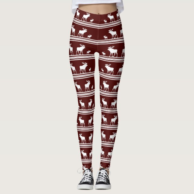 Leggings Piernas de estampado de alce blanco rojo marrón (Anverso)