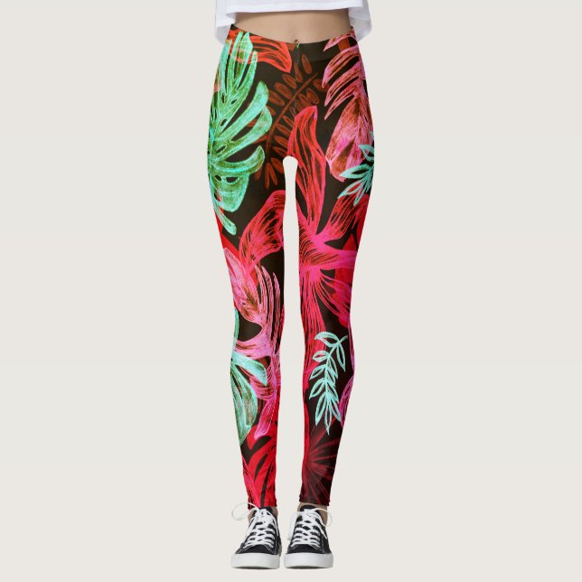 Leggings Piernas de hojas tropicales fluorescentes (Anverso)