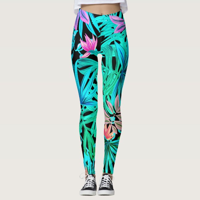 Leggings Piernas de hojas tropicales fluorescentes (Anverso)