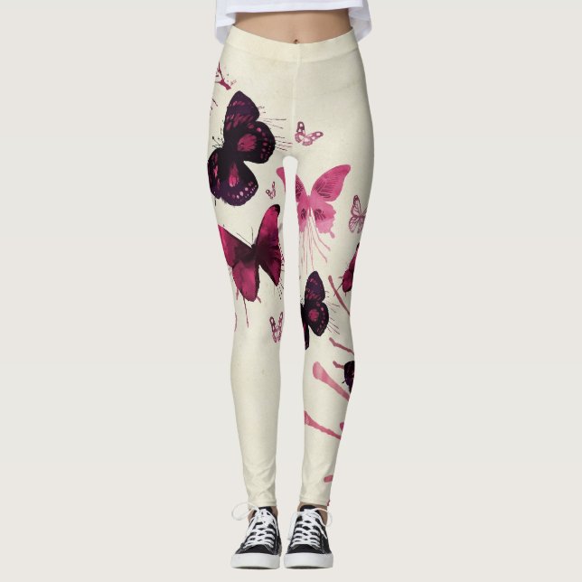 Leggings Piernas de mariposas rosadas y violetas (Anverso)