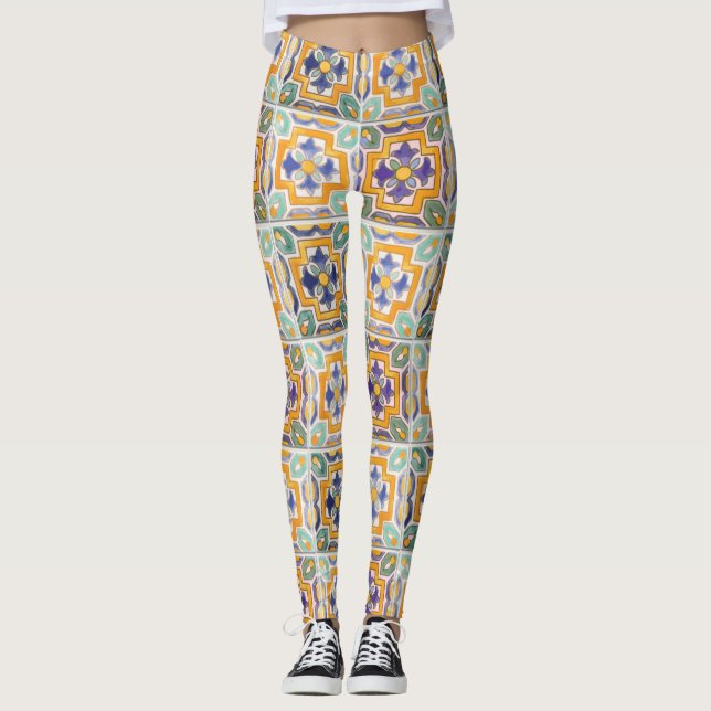 Leggings Piernas de mosaico azul-verde-naranja (Anverso)