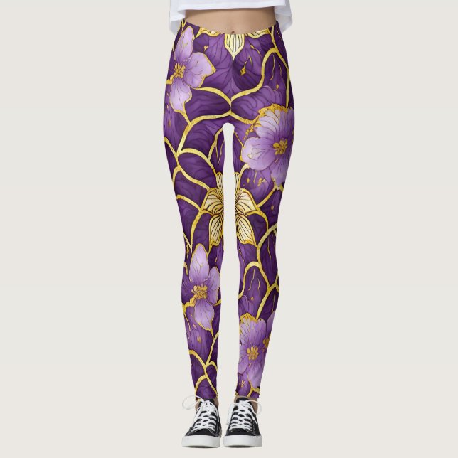 Leggings Piernas de oro morado floral japonesas (Anverso)
