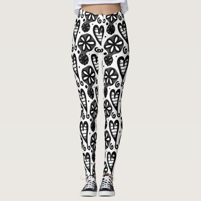 Leggings Piernas del corazón blanco y negro (Anverso)