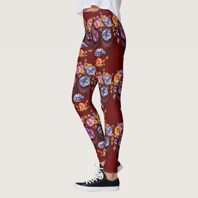 Leggings Piernas del cráneo de la flor roja - Calavera de a (Izquierda)