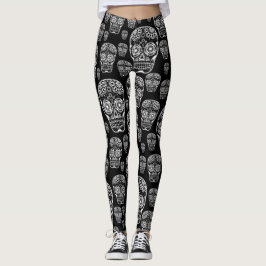 Leggings Piernas Del Cráneo Del Azúcar Negro Y Blanco