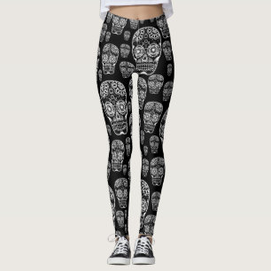 Leggings Piernas Del Cráneo Del Azúcar Negro Y Blanco