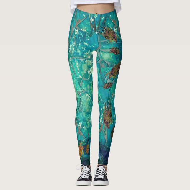 Leggings Piernas del mar Mosaico nadando con tortugas (Anverso)