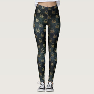 Leggings Piernas del patrón de cráneo negro y dorado y de