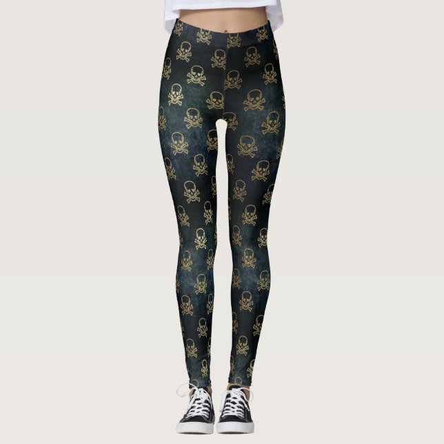 Leggings Piernas del patrón de cráneo negro y dorado y de l (Anverso)