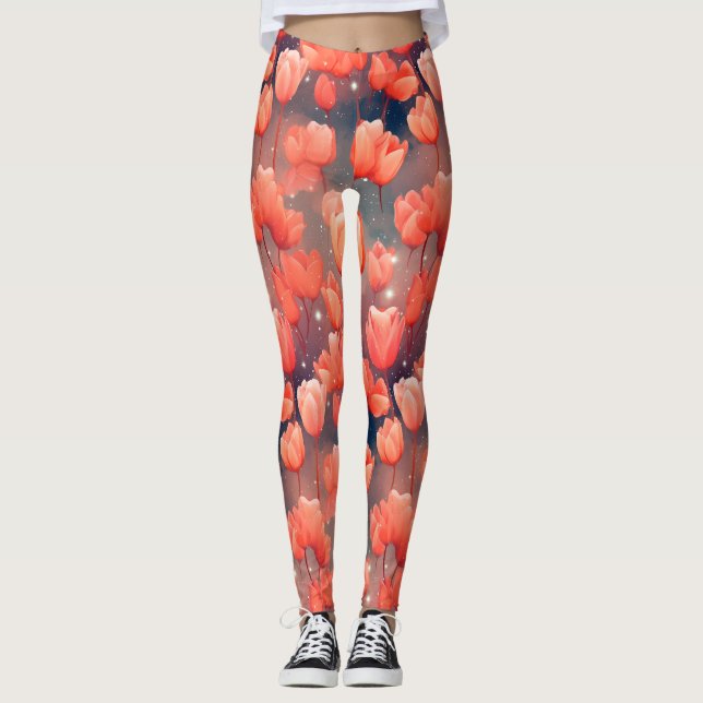 Leggings Piernas del patrón de tulipán rojo (Anverso)