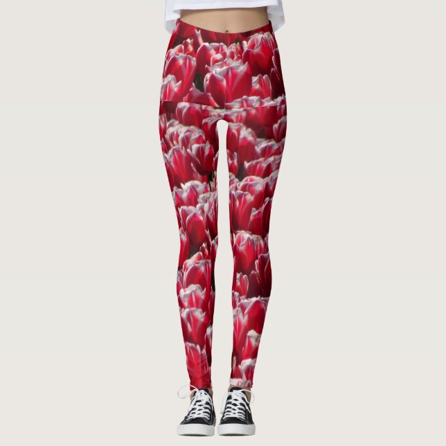 Leggings Piernas del patrón de tulipanes blancos rojos (Anverso)