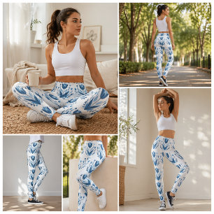 Leggings Piernas del patrón floral folk azul